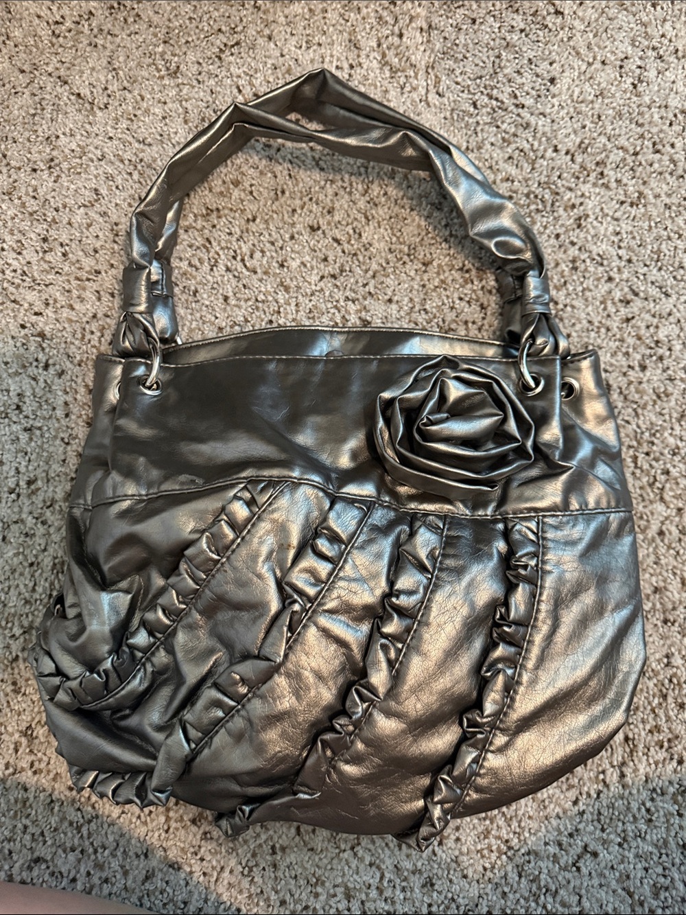 Chateau Metallic Silver Shoulder Bag with Rosette